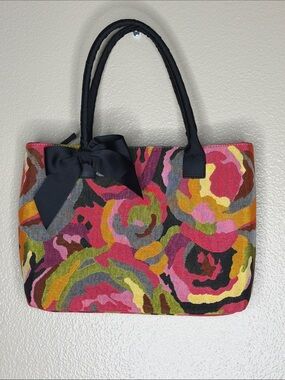 Talbots Vibrant Multicolor Floral Canvas Satchel Bag with Black Bow
